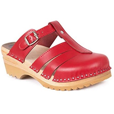 Troentorp Clogs Bastad Mary Jane Slip On Closed Toe Sandals Red Leather Womens Non Slip Swedish Wooden Clogs US 11 (EU 41)