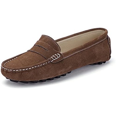 SUNROLAN Women's Casual Leather Driving Slip On Penny Loafers Boat Shoes Flats