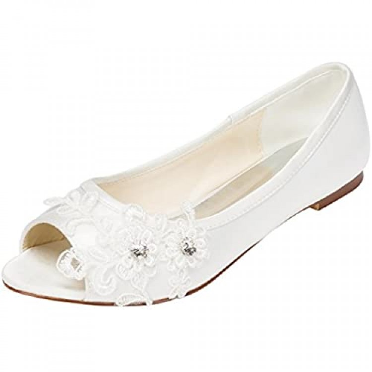 Emily Bridal 331-7-2 Women's Wedding Shoes Peep Toe Flat Heel Satin Flats with Sequin Lace Flower Bridal Shoes