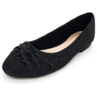 MUSSHOE Women's Slip-on Ballet Flat Shoes Comfy Ballerina Shoes for Ladies Black Denim