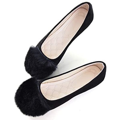 VFDB Women's Pom Pom Flats Square Toe Ballet Flats Comfortable Slip On Loafer，Soft Faux Suede Moccasins Office Work Shoes