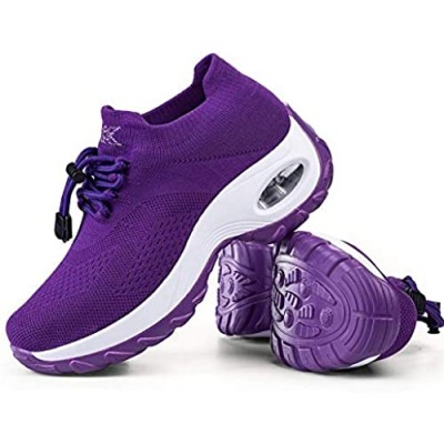 Women's Walking Shoes Sock Sneakers - Mesh Breathable Air Cushion Fashion Sneakers Platform Arch Support Workout Shoes Lace-up Pure