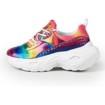 LUCKY STEP Women Casual Fashion Slip On Sneakers - Dad Chunky Holographic PU Metallic Platform Walking Shoes