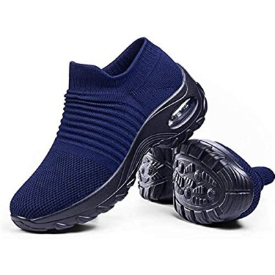 Slip on Breathe Mesh Walking Shoes Womens Fashion Sneakers Comfort Wedge Platform Nurse Shoes Navy Blue 10.5