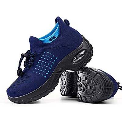 Women's Walking Shoes Sock Sneakers - Mesh Breathable Air Cushion Tennis Fashion Workout Sneakers Platform Lace-up Navy