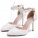 Yihongmeiqi Women's White Dress Sandals Fashion high Heels lace Pearl Wedding high Heels Flowers Banquet Dress Shoes a Pair