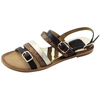 Cambridge Select Women's Strappy Ankle Buckle Mixed Media Flat Sandal
