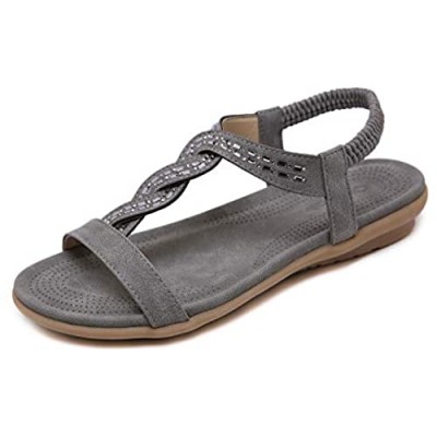 ZAPZEAL Summer Flat Gladiator Sandals Ladies Bohemian Rhinestone Beaded Sandals Ankle Strap Beach Thong Sandals Size 6-10 US