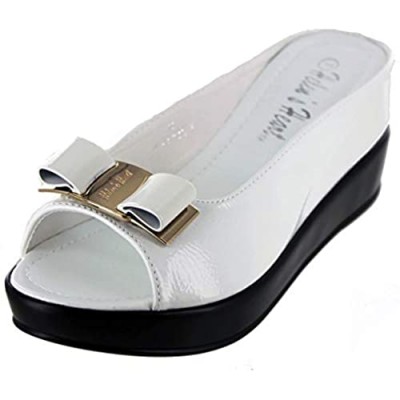 Helen's Heart CFW-8127-30 Hidden Wedge Slide Casual Sandal with Metallic Bow (White numeric_7)