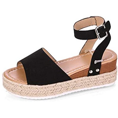 Milky Way Womens Rubber Wedge Sandals Espadrilles Sandals Open Toe Ankle Strap Casual Trendy Platform Sandals Flats (Black 9 M US)