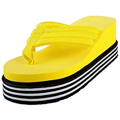 Saichi Women's Wedge Flip Flops Striped Platform High Heels Summer Beach Thong Slipper