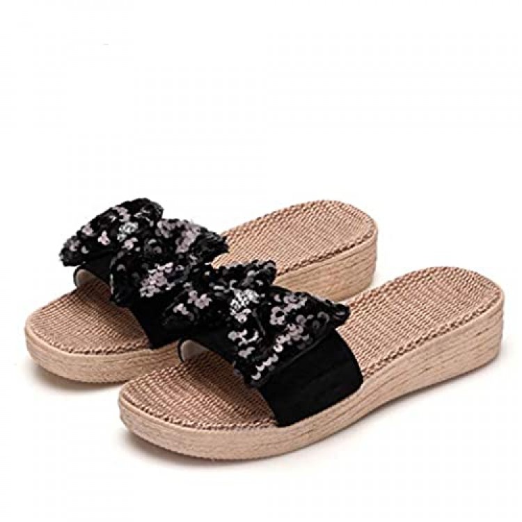 ba knife Women's House Non-Slip Slippers Thick Flax Bowknot Sandals for Indoor Outdoor Breathable Shoes