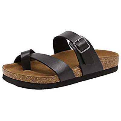 Barphil Women's Slide Sandals with Cork Footbed Adjustable Buckle Strap EVA Slip-on Summer Flat Shoes