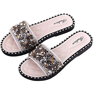 iFANS Women Shiny Rhinestone Flat Sparkle Glitter Slip On Casual Slides Sandals Slipper