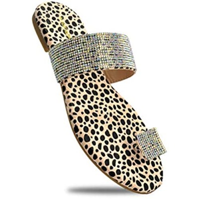 Shoe Republic LA Women's Rhinestone Slide Sandals Glitter Vamp Toe Ring Flat Slipper