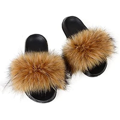 Tilepnic Faux Fur Slides Slippers for Women Open Toe Furry Slides Fluffy Slippers Girls Fur Sandals Outdoor