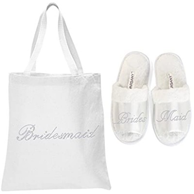 White Bridesmaid Crystal Open Toe Spa Slippers and Tote bags wedding bride gift hen party