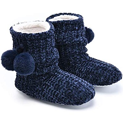 Women's-Chenille-House-Slippers-Booties With Cute Pom Pom Comfy Winter Warm Fur Lining Womens Boot Slippers With Non-Slip Grippers Cozy Memory Foam Indoor Home Ankle Bootie Slippers For Women