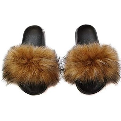 Women's Fluffy Fox Fur Indoor Slides Fashion New Outdoor Faux Fur Slippers Sandals Big Fur Natural Brown Slippers