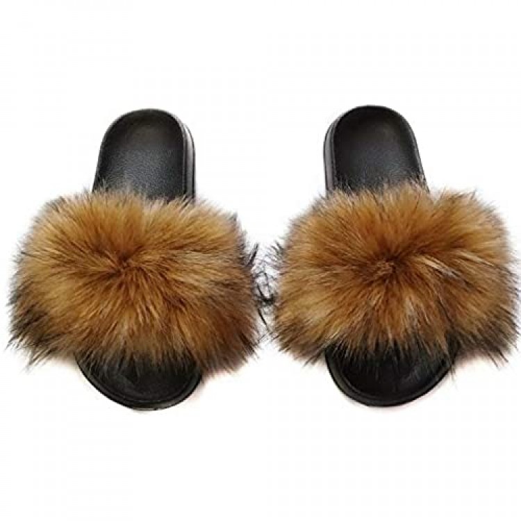 Women's Fluffy Fox Fur Indoor Slides Fashion New Outdoor Faux Fur Slippers Sandals Big Fur Natural Brown Slippers