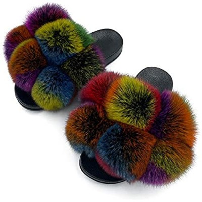 ZOSCGJMY Real Fox Fur Ball Slides for Women Fluffy Slippers Fuzzy Sandals Furry Slides Open Toe Indoor Outdoor