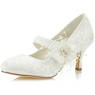 Mrs Right 586449B Women's Bridal Shoes Closed Toe 2.5" Stiletto Heel Lace Satin Pumps Satin Flower Imitation Wedding Shoes