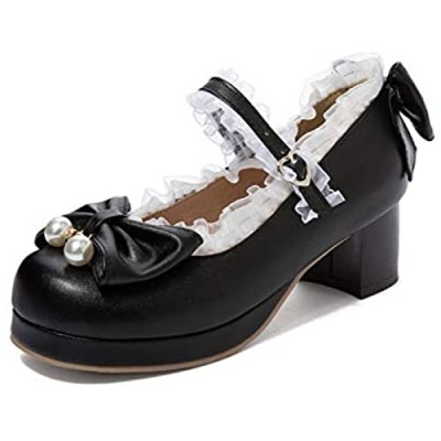 Odisen Women Cute Lolita Shoes Platform Mary Jane Bow Lace Kawaii Shoes Cosplay Round Toe Chunky Block Mid Heel Pumps