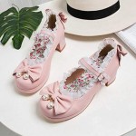 Parisuit Women's Mary Jane Lolita Platform Sweet Lace Shoes with Bow Chunky Heels Round Toe Ankle Strap Pumps