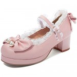 Parisuit Women's Mary Jane Lolita Platform Sweet Lace Shoes with Bow Chunky Heels Round Toe Ankle Strap Pumps