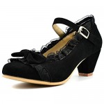 Parisuit Women's Mary Jane Round Toe Block Mid Heel Pumps Ankle Strap Sweet Lace Bowtie Comfortable Dress Shoes