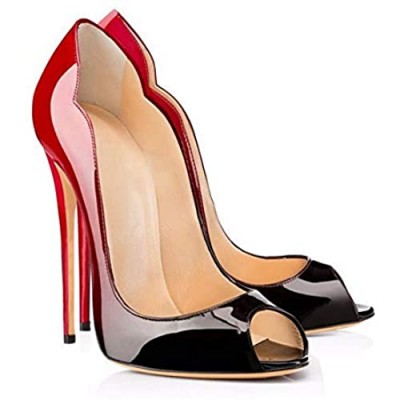 Women Classic Peep Toe High Heels Pumps Slip on Stiletto Patent Leather Casual Dress Shoes for Party Red