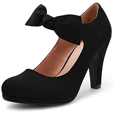 Womens Bowknot Closed Toe Office Pumps Shoes Block Chunky Heel Mary Jane Elastic Strap Comfortable Platform Sandals